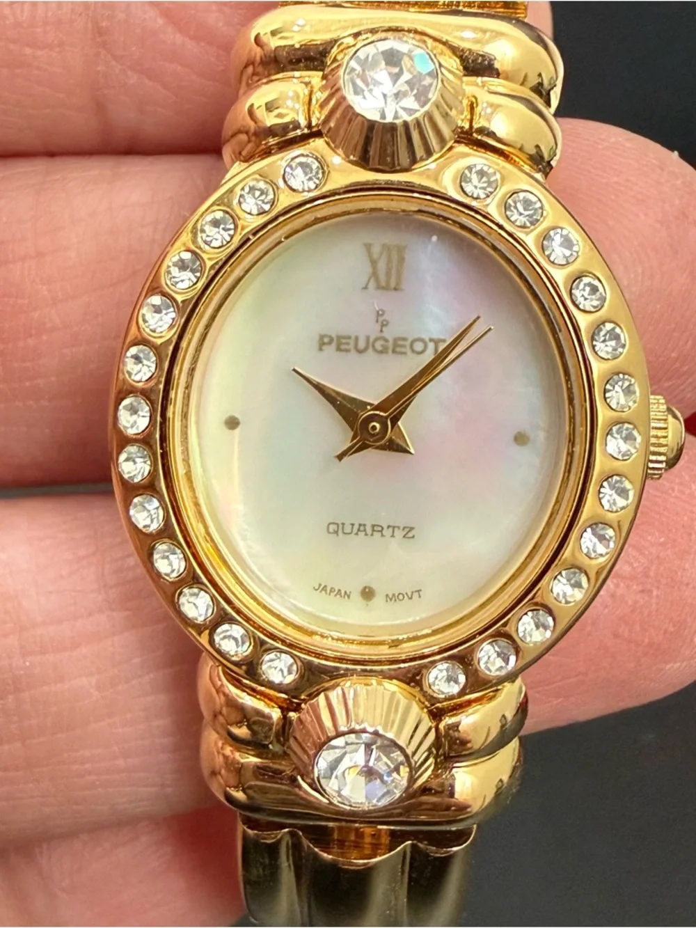 Vintage PEUGEOT Gold-tone Interchangeable Bezels & Studs Rhinestones Watch - Picture 8 of 13